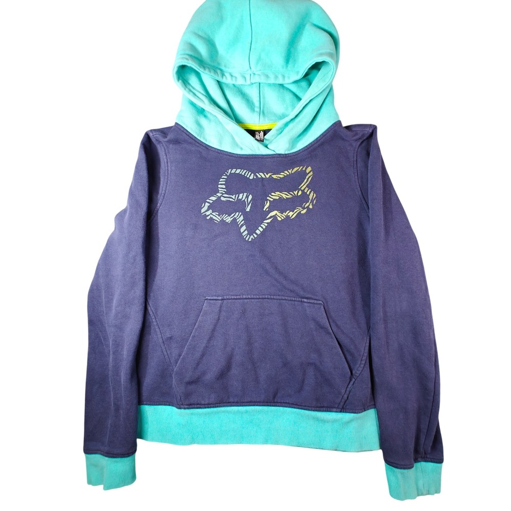 Fox Racing Hoodie Youth XL Navy Blue Teal Colorblock Logo Pullover Sweatshirt
